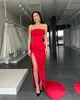 Sexy Red Prom Dresses Strapless Party Evening Gowns Pleats Slit Semi Formal Long Special Occasion dress