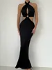 Robes décontractées femmes 2023 été licou cou Bandage dos nu longue robe élégante femme évider taille haute soirée bal noir