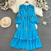 Casual Dresses Vintage Hollow Out Lace Stitching Mid-Length Women Dress High Waist Solid Color Dresses Vestidos V-Ausschnitt Long Sleeve247V