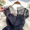 European and American retro court style high-end embroidery lace large swing dress doll neck short sleeved waistband slim lace dress