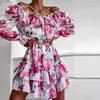 Robes décontractées à manches longues femmes à volants Mini robe épaules dénudées imprimé fleuri Slash cou balançoire Boho 3XL grande taille vêtements de plage bohème