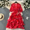 2023 Vestidos casuais Sweet Vido de gola curta Vestido A-line para praia Princesa feminina Princesa Slim Waist Beach Party Clothes2225a