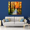 Handmade Landscape Art on Canvas Yellow Rain Vibrant Street Artwork Painting Home Decor