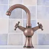 Bathroom Sink Faucets Basin Antique Copper Double Cross Handle Faucet Swivel Spout Bath Vanity Mixer Taps Nsf629