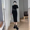 Casual Dresses Women Black White Turtleneck Knitting Bodycon Bottom Midi Dress Autumn Winter Keep Warm Waist Sweater With Belt