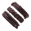 Charm Bracelets 3pcs/set Hippie Punk Dark Brown Leather Band Braiding Knots Layers Stacked Adjustable Set For Man Jewelry