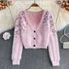 Kvinnors stickor Luxury Wool Mohair Sequined Sweater Coat Mink Cashmere Beaded Knitted Cardigan Gentle Autumn Winter Furry Knitwear Tops