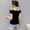 T-shirts Femmes 2023 Summer Style européen T-shirt en coton Chic Sexy Col Col Brillant Diamants Femmes Tops All Match Tees 32292