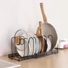 Estante organizador de ollas y sartenes con ganchos para cajón de cocina, soporte de tapa expandible, tabla de cortar, utensilios de cocina