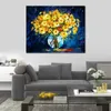 Modern Flowers Canvas Art Yellow on Blue Handcrafted Still Life Oil Paintings for Contemporary Home Decor