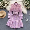 Casual Dresses Runway Floral Print Ruffles Midi Dress Women Stand Single Breasted Long Lantern Sleeve Lace Trims Belt Vintage Party Vestidos 2023