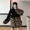 QNPQYX New Ins Retro Design Women Jackets Stitching Leopard Print Thickening and Fleece Lamb Wool Coat Female