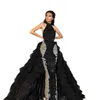 Black Mermaid Evening Dresses With Long Train Halter Beads Sequins Tulle Prom Dress Floor Lenght Special Occasion Dresses