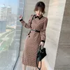 Casual Dresses Chinese Style Retro Dress 2023 Spring Cheongsam Slim Plaid Mid-length POLO Collar Button With Belt Knee-length