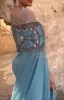 Dusty Blue off-shoulder zeemeermin galajurken grote maten Arabische pailletten kralen avondkleding jurk dichter lange mouwen formele feestjurken