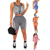 Damen-Trainingsanzüge, 2-teiliges kurzes Set für Damen, Sommer, Workout, Fitness-Outfits, Streifendruck, Rundhalsausschnitt, Tank-Top, elastische, dünne Radlerhose