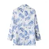Trajes de mujer 2023 verano azul estampado Floral traje chaqueta cuello manga larga moda suelta doble botonadura Top que combina con todo para mujer