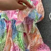 2023 Casual Dresses Fashion Runway Gorgeous Flower Ruffles Chiffon Beach Dress Women V Neck Long Puff Sleeve Floral Print Boho Rob344C