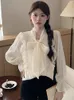 Damenblusen, Vintage-Rüschenbluse, langärmelig, Frühling und Herbst, koreanische Schleife, Chiffon-Oberteile, elegante weiße Hemden