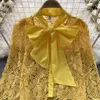 Bluzki damskie francuskie koronki Topy damskie lato 2023 Nowy moda łuk otwartego z długim rękawem stałe kolory ubrania przy imprezie 2706