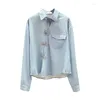 Kvinnor Bluses Woman Sky Blue Vertical Stripe Blus långärmad personlighetsknappar LAPEL BLUSAS KVINNA POCKT SHIRT TOPS LADY