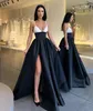 Sexy Black White Prom Dresses SPaghetti A Line Party Evening Gowns Pleats Slit Semi Formal Red Carpet Long Special Occasion dress