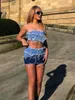 Abiti casual Donna sexy 2023 Summer Denim Patchwork Corsetto Top Package Hip 2 pezzi Set Streetwear Ragazze Moda Mini gonne Tute