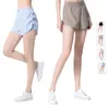 Lu American Damen-Yoga-Shorts, Designer-Yoga-Bekleidung, schnell trocknend, leichter Stoff, gefälschte zweiteilige Sport-Shorts, blendfreie Tennishose, Kordelzug an der Taille