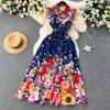 Casual Dresses New Retro Court ärmlöst Thin Floral Print A-Line Maxi Dress Women Single Breasted Party Clothes Vestidos de Vera263q