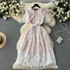 Casual Dresses Runway Designer Luxury Lace Party Dress Vintage Lapel Short Sleeve Belt Summer Dress Gold buttons Hollow Out A-line306e