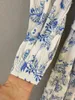 Casual Jurken Hoge Kwaliteit 2023 Lente Lange Jurk Vrouwen Blauw Bloemenprints Kant Patchwork Riem Mouw Dame Maxi