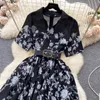 Casual Dresses Runway Women Blue Dress Turn-Down Collar Short Sleeve Patchwork Lace Casual Floral Print Party Midi Dresses Robes Female 2024