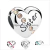 Silver Solid 925 Sterling Sier Rhinestone Love Heart Pärlor Mamma Dotter syster Hearts Charm för DIY smycken Tillbehör Drop Delivery DHVKR