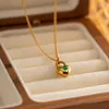 Pendant Necklaces French Vintage Green Agate Heart Lock Stainless Steel Link Chain Collar Necklace Golden Ladies Trendy Fashion Jewelry
