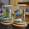 Aquariums 360 Degree Rotating Glass Betta Fish Tank Bamboo Base Mini Fish Tank Decoration Rotate Fish Bowl Aquarium Accessories 230617