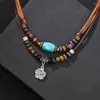 Pendant Necklaces Metal Flower Vintage Turquoise Beads Necklace Fashion Double Layered Choker Statement Jewelry NM