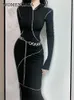 Casual Dresses Maxi Sweet 3XL Black Long Dress 2023 Spring Slim Elegant Sexig Tight Hoodie Hooded Tops Korean Top Boho C8by