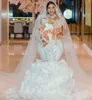 2023 Arabische Aso Ebi Witte Zeemeermin Trouwjurk Kralen Kristallen Kant Lange Mouwen Afneembare Trein Bruidsjurken Customed Vestido De Novia