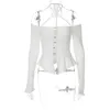 Lente Herfst Stijl vrouwen Off Shoulder Sexy Een Lijn Hals Lange Mouwen Oor Rand Knop Vest Slim Fit Top T-shirt blouses vrouwen