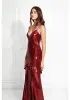 Red Mermaid Evening Dresses Tulle With Glitter Spaghetti Split Prom Dress Floor Lenght Sequins Special Occasion Dresses