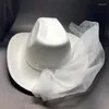 Chapéu de Cowgirl Elegante com Alça de Ombro de Noiva Adereços de Traje de Casamento Po Verão Ao Ar Livre Feminino Bonés de Cowboy Ocidental