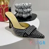 Slippers Sexy Pink Silk Pointed Toe Crystal Hook & Loop Belt High-heel Summer Women's Party Shoes Large Size Brand Mules