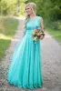 Vintage Country Style Turquoise Bridesmaid Dresses Crew Neck Sequined Lace Chiffon Long Beach Maid of Honor Wedding Party Dress