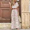 Urban Sexy Dresses Fashionabla Bohemian Print Dres Elegant V Neck Short Sleeve Belt Large Hem Beach Long High Split Maxi 230617