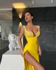 Sexy Yellow Prom Dresses Strapless Sequins Top Party Evening Gowns Pleats Slit Semi Formal Red Carpet Long Special Occasion dress