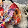 Robes décontractées Piste d'été Chic Fleur Robe en mousseline de soie Femme Col en V à manches courtes Taille haute élastique Floral Imprimer Vacances Pa3152