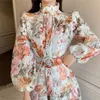 Basic Casual Dresses High end Custom Floral Embroidery Hollow Out Lace Dress Women Ruffles Stand Collar Lantern Sleeve Single breasted Mermaid 231103