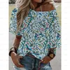 Camisetas Femininas 3D Femininas Casual Manga Curta Sexy Moda Boho Off Shoulder Camisa Decote em Ângulo Top de Verão Estampa Floral