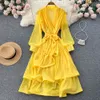 Autumn Women A Line Yellow Casual Dresses Hollow Out Midi Dress Elegant V-Neck Puff Short Sleeve High Waist Party Robe Female Vest267h