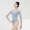 Scene Wear Women's Long Sleeve Leotard Body Suit Printed Mesh One-Piece Gymnastic Aerial Yoga Practice Set Dance Ballet for Girls